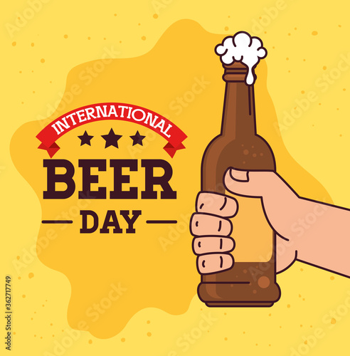 international beer day, august, hand with bottle beer vector illustration design