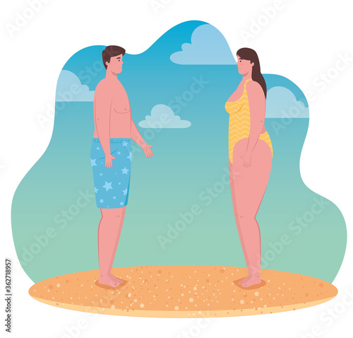 young couple on the beach, guy and his girlfriend in the beach, summer vacation season vector illustration design