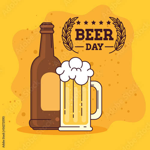 international beer day, august, bottle and mug of beer vector illustration design