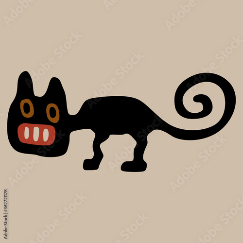 Stylized funny cat with open mouth and spiral tail. Native American art of Nazca or Nasca Indians of ancient Peru.