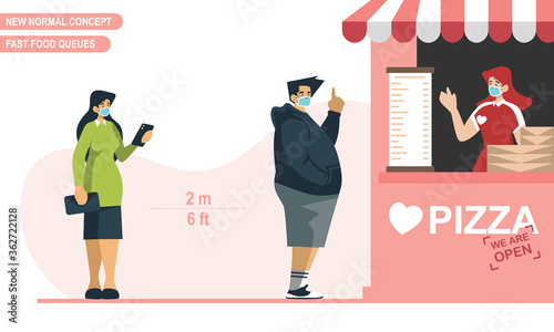New normal physical distancing concept. People wear medical mask and keep distance at fast food store queues to protect from COVID-19 Coronavirus. Scalable and editable flat style vector illustration.