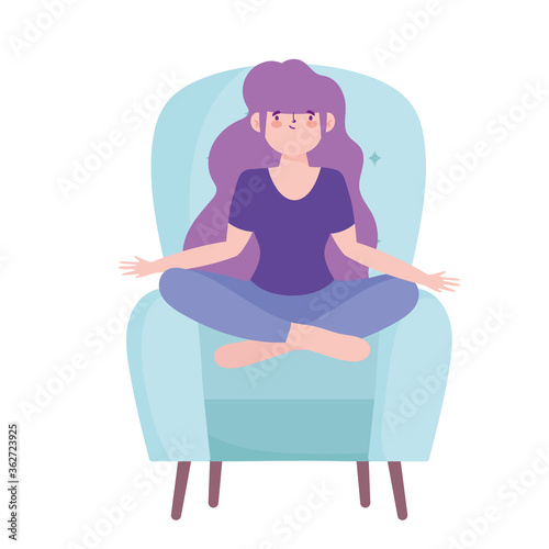stay at home  girl in meditation yoga pose on chair  self isolation  activities in quarantine for coronavirus