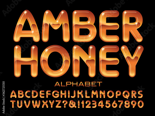 Amber Honey Alphabet is a Rounded Sans Serif Font with a 3d Transparent Honey Effect