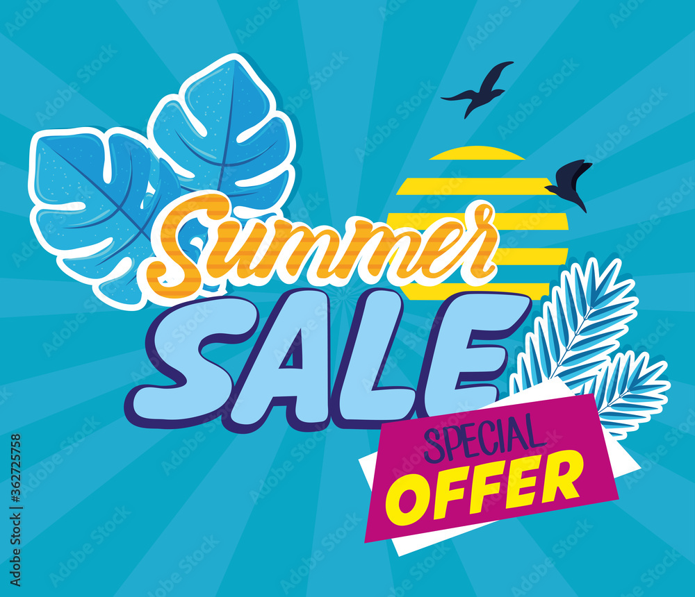 Obraz premium summer sale banner, season discount poster with tropical leaves and birds flying, invitation for shopping with summer sale special offer, special offer card vector illustration design