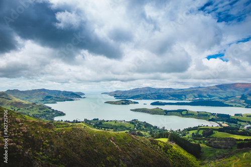 Christchurch New Zealand Landscape, Scenic View From Port Hills Overlooking Lyttelton Harbour In Canterbury, South Island NZ, Popular Travel Destination