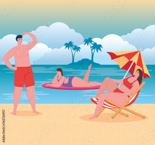 beach with people, man and women on the beach, summer vacations and tourism concept vector illustration design