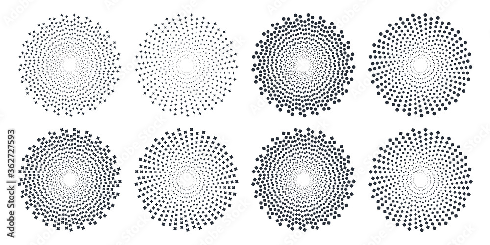 Circle halftone. Abstract dotted circles, halftones geometric dots gradient and pop art texture. Dot spray gradation vector set. Illustration halftone gradient spotted, effect round, comic.