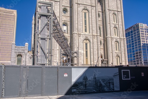 Construction on Morman Temple Square after a March Earthquake photo