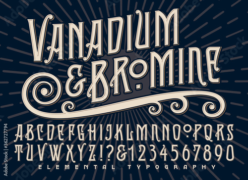 Vanadium and Bromine Alphabet is a Stylized Old World Deco Font Design with a Sunburst Background and Some Alternate Characters