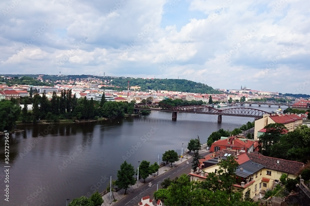 Panoramic view of the Vltava river and the old town of Prague, Czech Republic