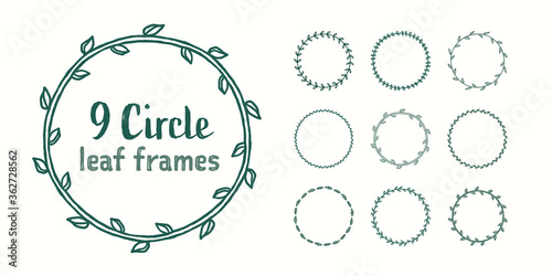 9 vector circle leaf frames in a minimal hand drawn style and earthy green colors