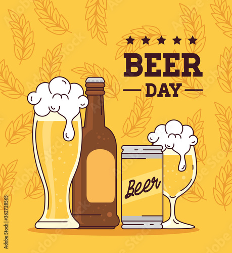 international beer day, august, bottle, can, cup and glass of beer vector illustration design