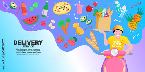 Man courier riding scooter with parcel box fast delivery. Night food delivery service by scooter with courier. mobile application tracking a delivery. city skyline in the night background.