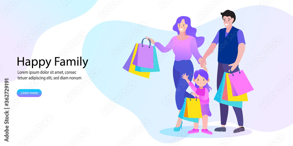 Happy family shopping services. Smartphone marketing and e-commerce. Vector illustration.