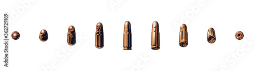 Set of isolated gold rotating cartridges with a bullet, 3d realistic cartoon, golden or brass on white background. Photorealistic diverse view at handgun ammo, weapons. Vector illustration.