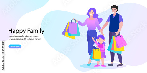 A cheerful illustration of a happy family enjoying a shopping trip together, carrying colorful bags. Perfect for depicting family bonding, retail therapy, and joyful outings.
