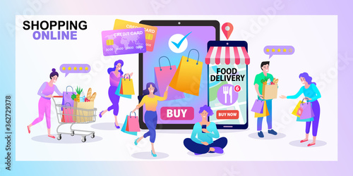 Many people use online shopping services. Smartphone marketing and e-commerce. Vector illustration.