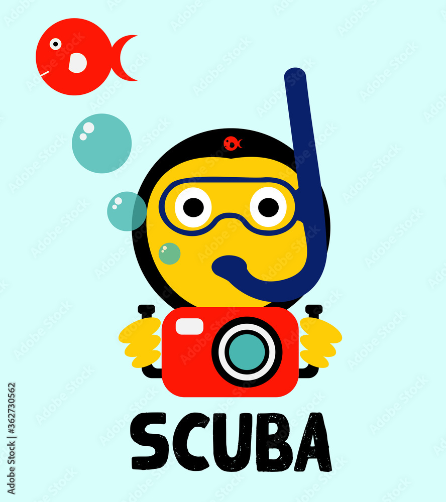 Scuba diving emoji with bubbles and red fish scuba text illustration