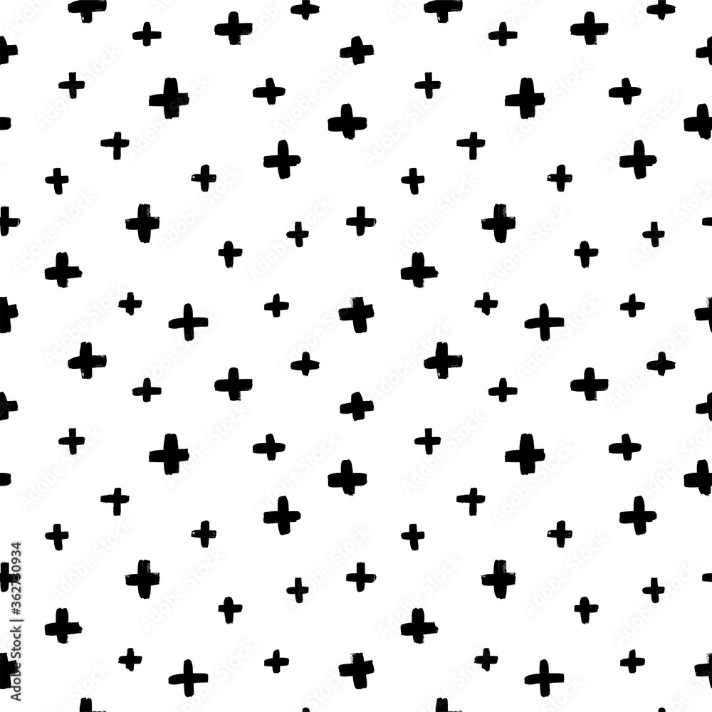 Black crosses vector seamless pattern. Hand drawn cross and plus sign. Black paint brush strokes geometrical pattern for wallpaper, web page background, textile design, graphic design. Black crosses vector seamless pattern. Hand drawn cross and plus sign. Black paint brush strokes geometrical pattern for wallpaper, web page background, textile design, graphic design.