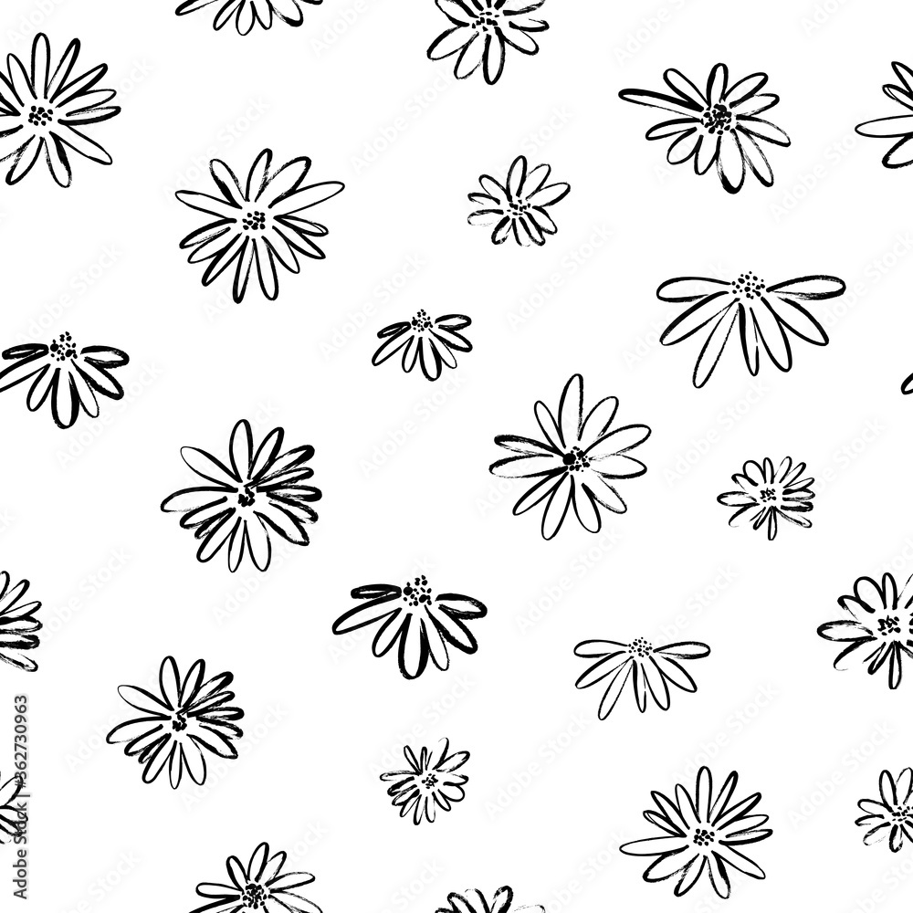 Obraz premium Brush flower vector seamless pattern. Hand drawn botanical ink illustration with floral motif. Camomile or daisy painted by brush. Hand drawn black print for fabric, wrapping paper, wallpaper design