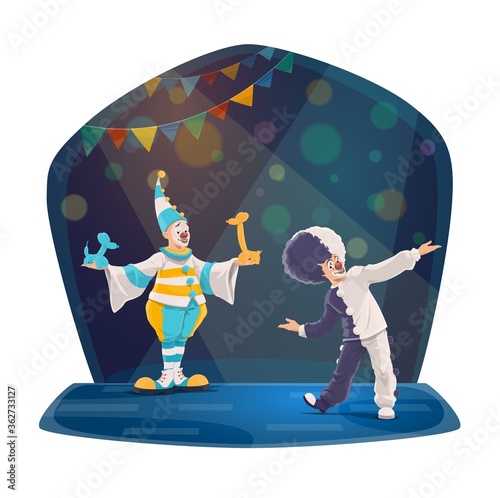 Circus clowns cartoon vector characters. Two smiling clowns in colorful costumes, striped cap and wig, performing on Big Top Circus arena, dancing and entertains audience with balloon modeliing