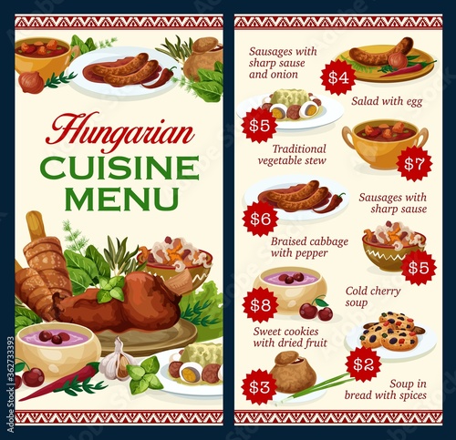 Hungary cuisine vector menu template, sausages with spicy sauce and onion, salad with egg, traditional vegetable stew. Cold cherry soup, cabbage and soup bread with spices Hungarian meals, food dishes
