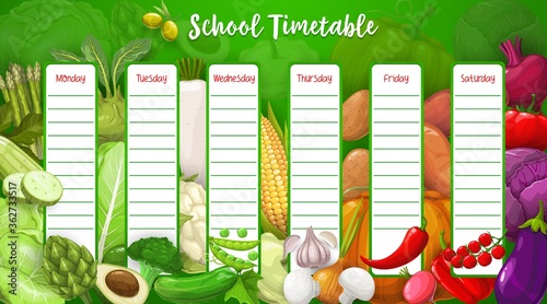 School timetable with farm vegetables. Cartoon vector week schedule template with squash, artichoke and cauliflower, green pea, corn and avocado. Time table with veggies tomato, eggplant and beet