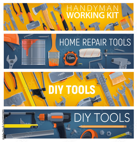 Construction and DIY tools, vector banners. Painting roller brush, adjustable wrench and pliers, trowel and file, tile cutter, hammer and sledgehammer, spanner and measuring tape. DIY tools
