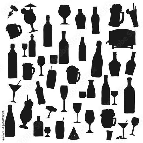 Drinks black vector silhouettes. Alcohol and soft beverages bottles and cocktail glasses  fruit juice  sake and martini with drinking straw. Smoothie and milkshake  beer barrel  champagne or wine set