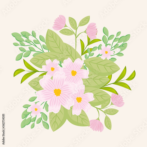 flowers pink color, branches with leaves, nature decoration vector illustration design © Gstudio