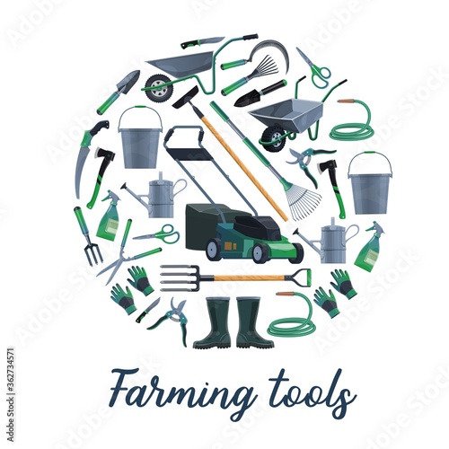 Farming and gardening tools vector set. Lawnmover and wheelbarrow, bucket and watering can, hoe and leaf rake, averruncator and trimming scissors, rubber boots and gloves. Gardening tools round banner