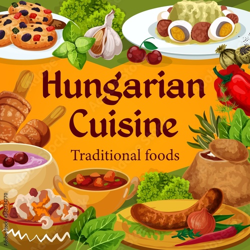 Hungarian cuisine vector dishes sausages with spicy sauce and onion, salad with egg, traditional vegetable stew, braised cabbage with pepper, soup in bread with spices, cookies, Hungary food poster