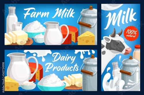 Dairy and milk farm products vector banners. Whole cow milk in glass pitcher, bottle and can, cottage and swiss cheese, sliced butter or margarine, sour cream or yogurt in bowl. Food poster