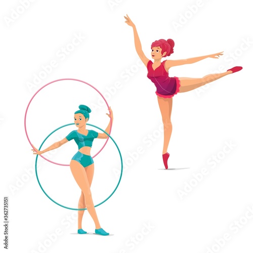 Big top circus gymnasts and balancers vector characters. Cartoon woman acrobats showing a performance. Girls acrobats in costumes performing a stunt, dancing on circus stage with hoops