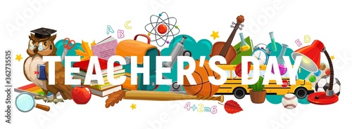 Teachers Day, knowledge and education holiday banner with school supplies. Student books, class chalkboard, pens and pencils, classroom blackboard, abc, glasses and pupil bag, microscope and bus