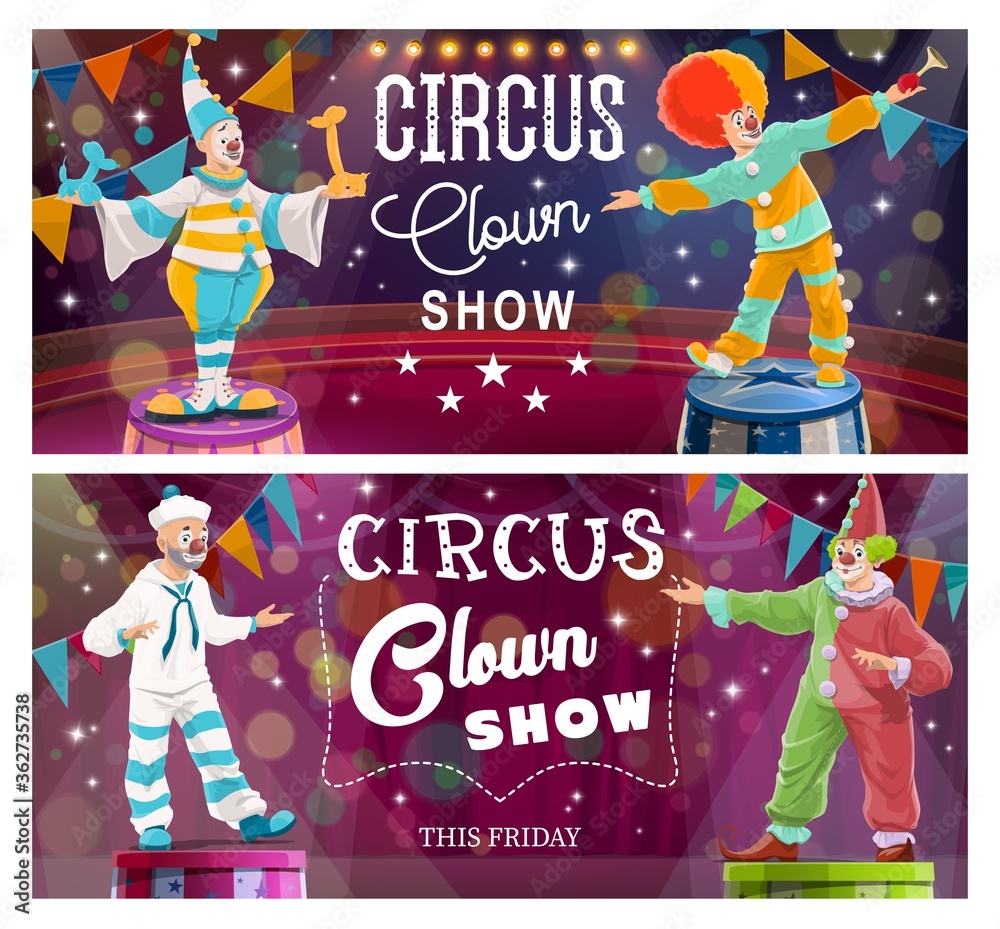 Clowns comedy show on Big Top Circus arena. Clown in sailor suit, harlequin  costume, circus performer character with false nose and wig standing on  pedestal, entertains audience cartoon vector banner Stock Vector |