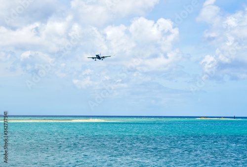 Jet aircraft in final Approach for landing at Caribbean island