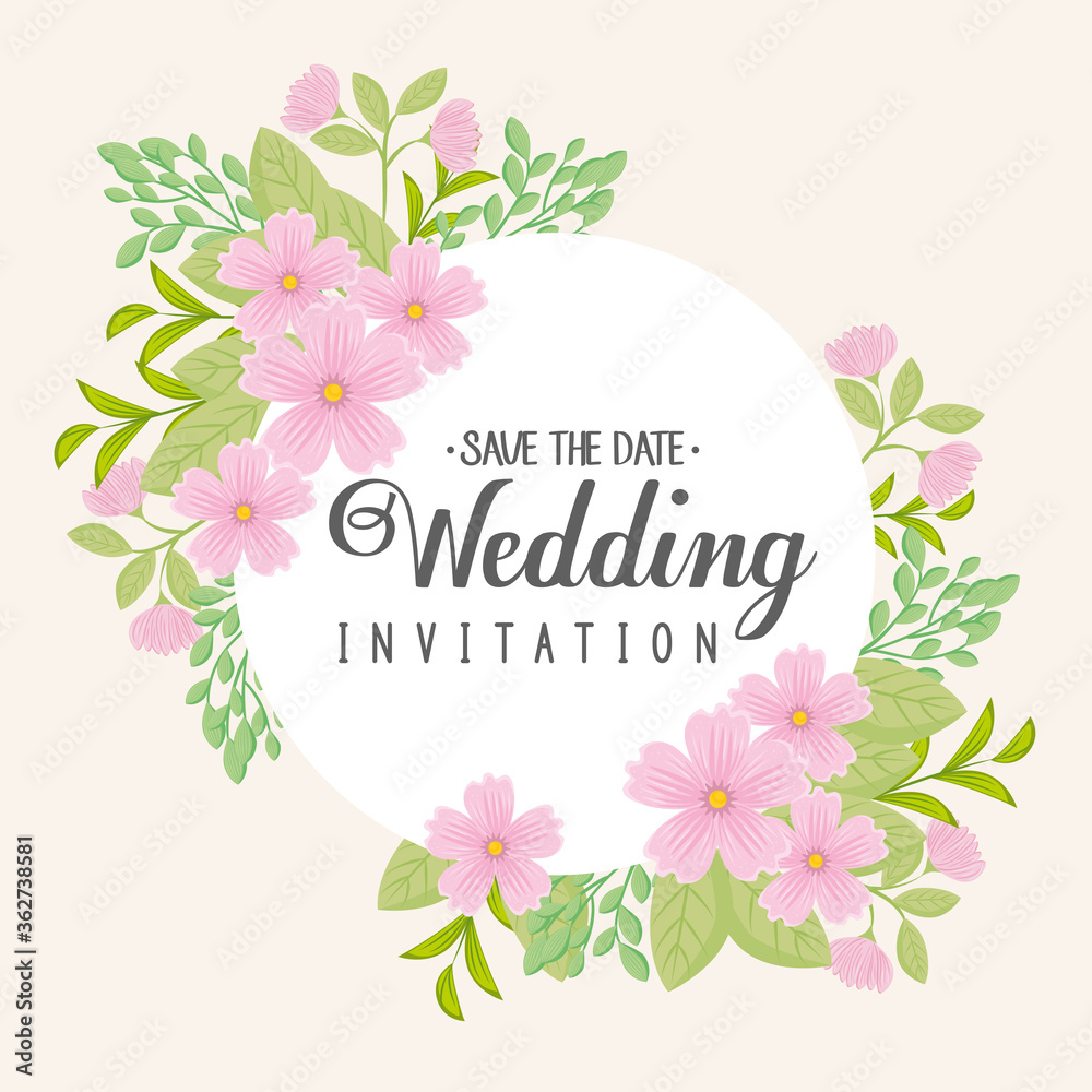greeting card with frame circular of flowers pink color, wedding invitation with flowers pink color decoration vector illustration design
