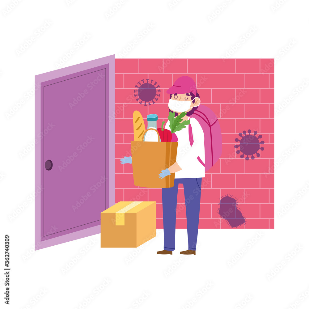safe delivery at home during coronavirus covid 19 , courier man carrying cardboard box in door home safe delivery at home during coronavirus covid 19 , courier man carrying cardboard box in door home