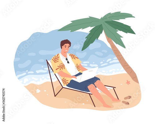 Joyful freelancer male working remotely on beach use laptop vector flat illustration. Smiling man on chaise-longue chatting or surfing internet isolated. Cheerful modern guy relaxing enjoy vacation