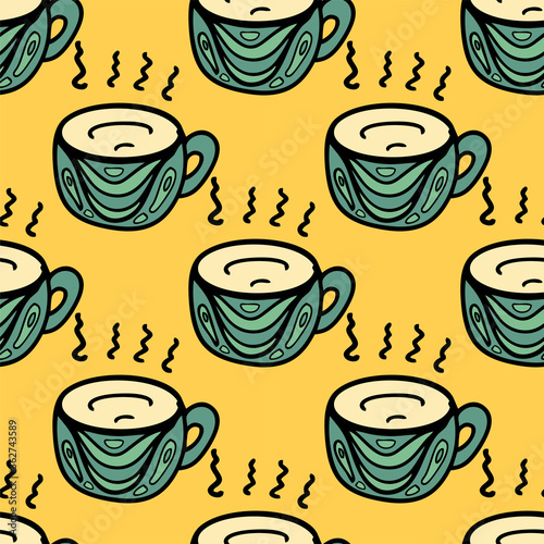 Seamless vector illustration of pastel tribal style Motif art coffee cups on yellow background for making many kinds of printing or textile graphic related Aboriginal  Maya  Inca  African trendy style