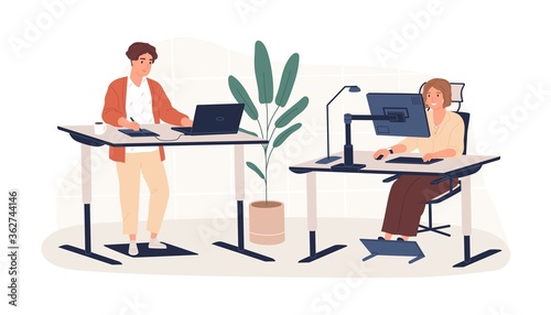 People working at modern ergonomic workplace vector flat illustration. Man and woman employees sitting and standing behind innovative furniture isolated on white. Contemporary workspace interior