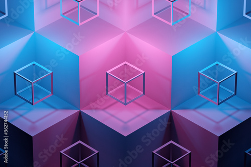  3D illustration volumetric pink and blue cube on a geometric monophonic background. Parallelogram pattern. Technology geometry neon background photo