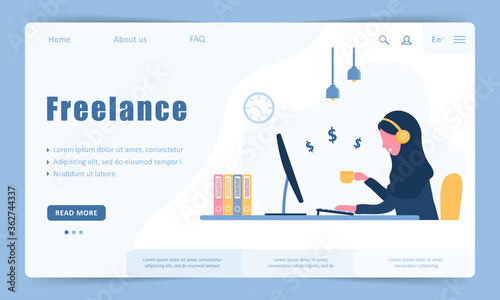 Woman freelance. Landing page template. Arabian girl in headphones with laptop sitting at a table. Concept illustration for working from home, studying, education, healthy lifestyle.