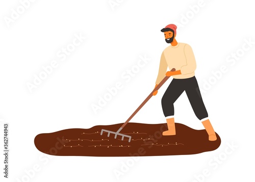 Cheerful male farmer work with field use rake vector flat illustration. Smiling agricultural worker cultivated seedbed from weed isolated on white. Happy rural guy making agriculture seasonal work