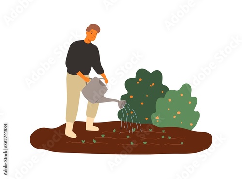 Smiling male farmer watering seedbed vector flat illustration. Joyful man agricultural worker making gardening job isolated on white. Happy guy with watering can taking care to growing plants