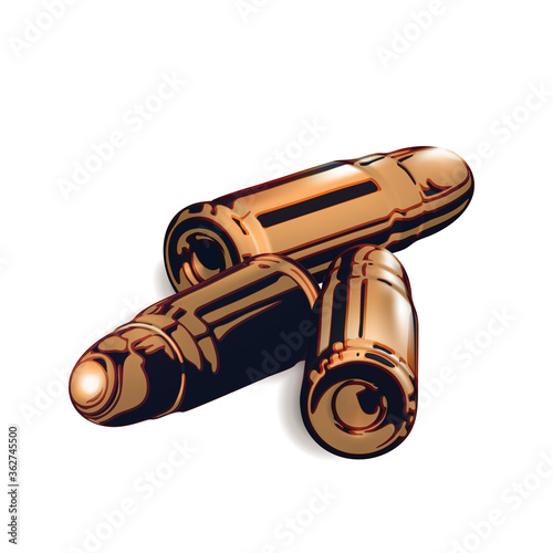 Composition from Three 3d golden or brass pistol cartridges. Isolated realistic on white background. Isolated gold cartridge with a bullet cartoon. Handgun ammo. Vector illustration.