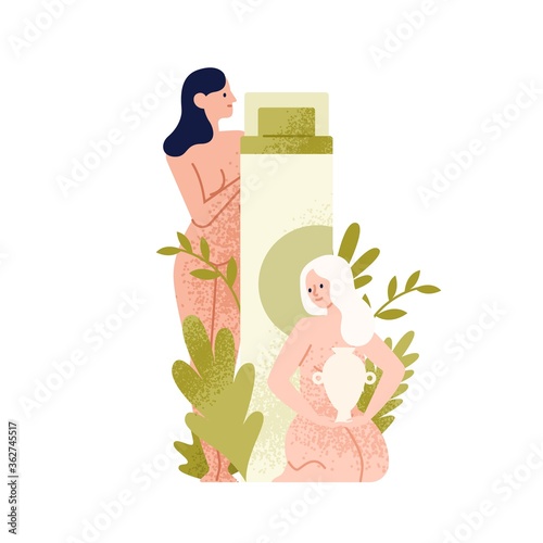 Two naked woman with giant bottle of cream vector flat illustration. Concept of natural organic cosmetics. Tiny female and eco friendly tube for skin care isolated on white. Girls with green plants