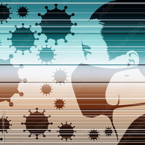Abstract icon of man wearing a medical mask. Group of viruses on backdrop. Brochure or leaflet template