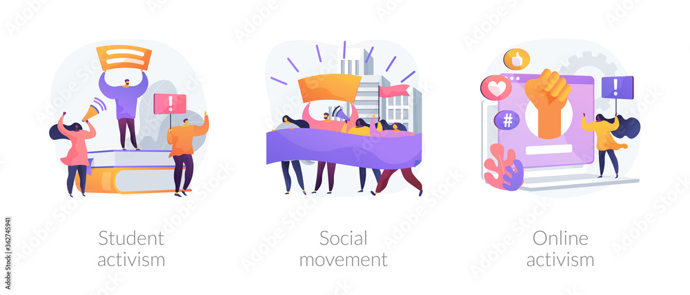 Political and social change abstract concept vector illustration set. Student and online activism, social movement, big crowd, mass protest, group action, digital communication abstract metaphor. Political and social change abstract concept vector illustration set. Student and online activism, social movement, big crowd, mass protest, group action, digital communication abstract metaphor.